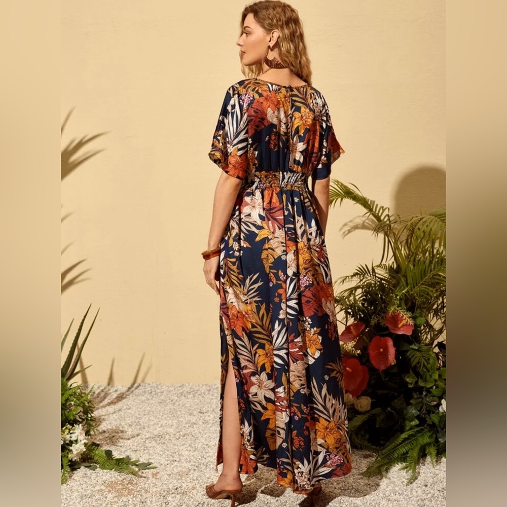 Boho Tropical Print Split Thigh Dress size Large - Picture 6 of 10